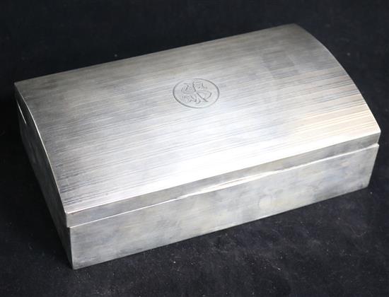 A George V engine turned silver cigarette box, Walker & Hall, Birmingham, 1918, 21.7cm.